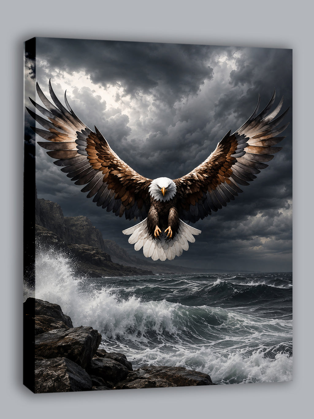 Wandbild Adler Frontalflug Sturmküste Felsen Brandung Kunstdruck auf Leinwand