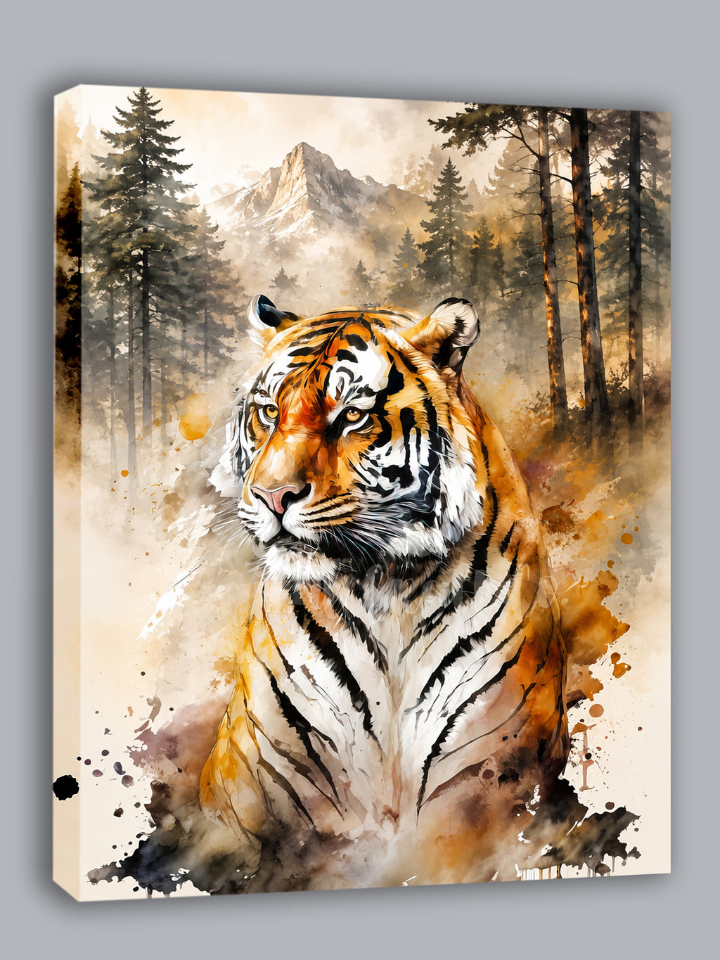 Wandbild Tiger Aquarell Nadelwald Bergkulisse Nr. 1 Kunstdruck auf Leinwand