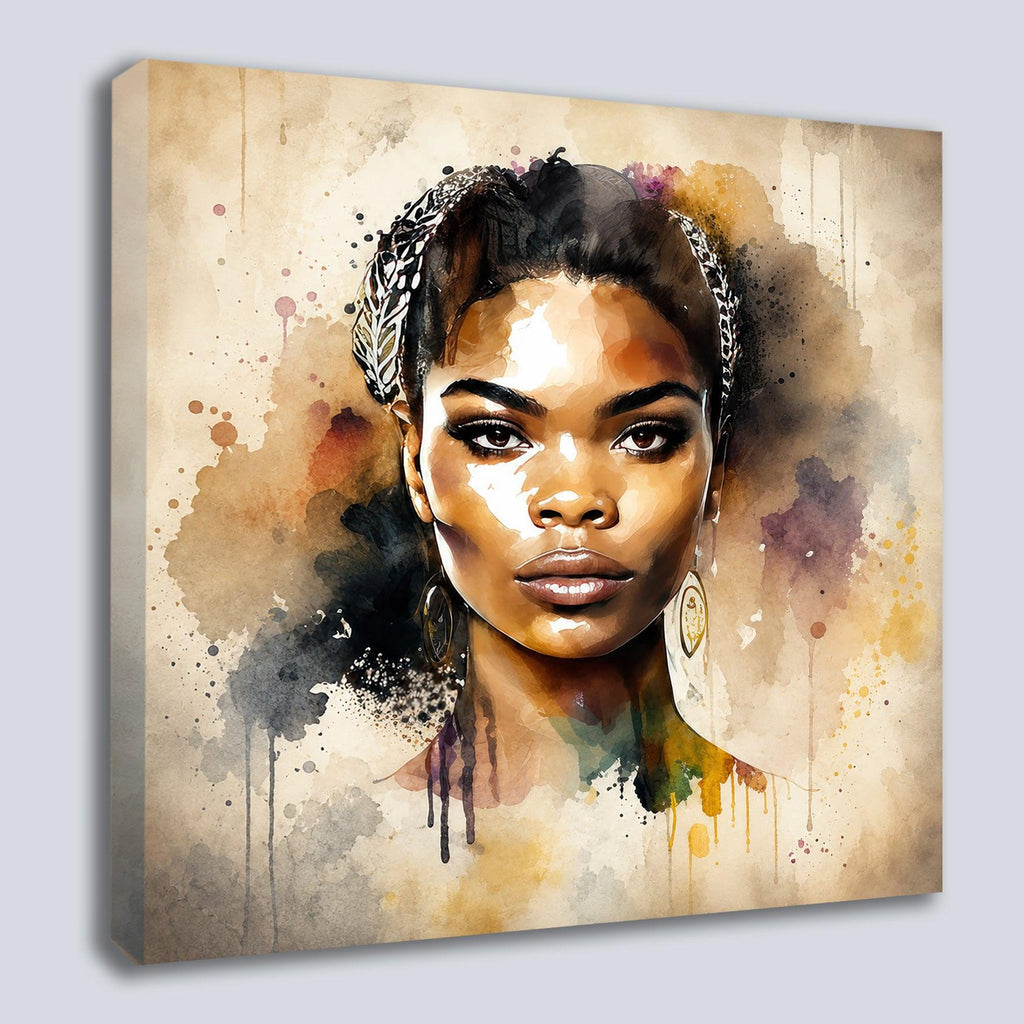 Afrikanerin Nr. 1 – Portrait mit Haarschmuck Aquarell Kunstdruck auf Leinwand
