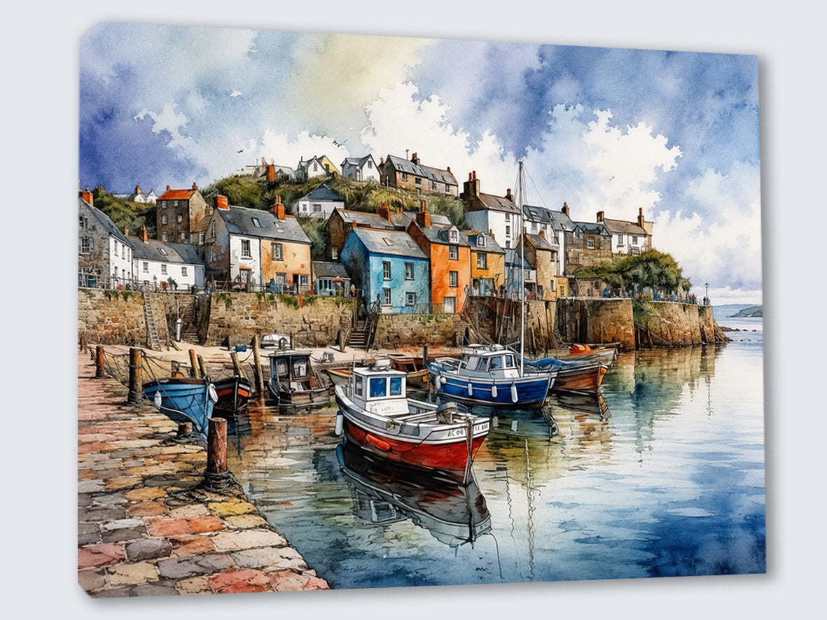 Wandbild Fischerboot Hafen Aquarell Bunte Häuser Kopfsteinpflaster Kunstdruck auf Leinwand