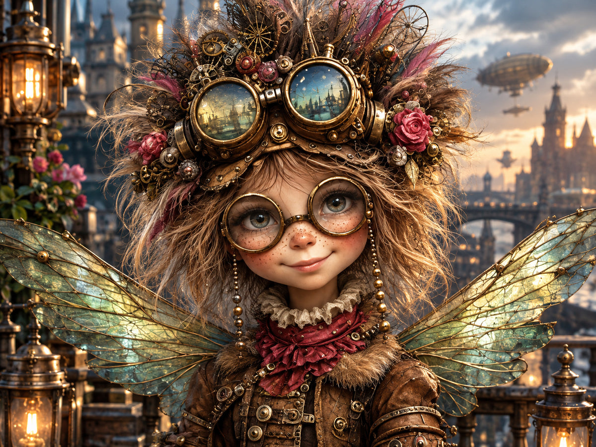 Steampunk Fee mit Fliegerbrille – Fantasie Wandbild für Mädchenzimmer