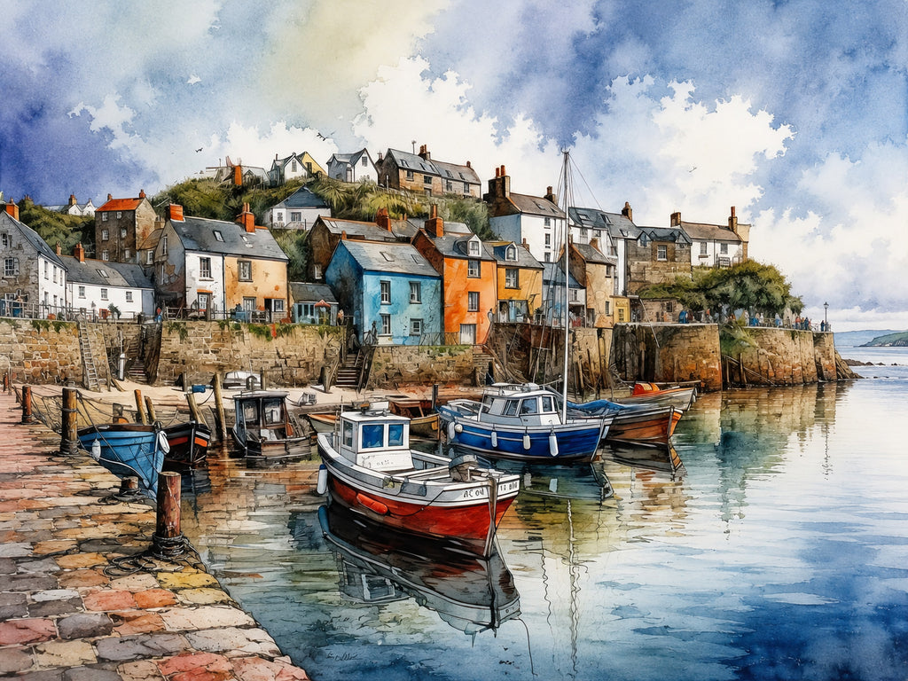 Wandbild Fischerboot Hafen Aquarell Bunte Häuser Kopfsteinpflaster Kunstdruck auf Leinwand
