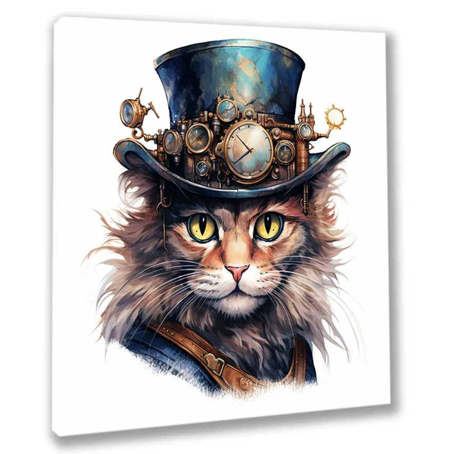 Wandbild Katzenkopf 1 Steampunk Kunstdruck auf Leinwand direkt zum Aufhängen | Wandbild Galerie