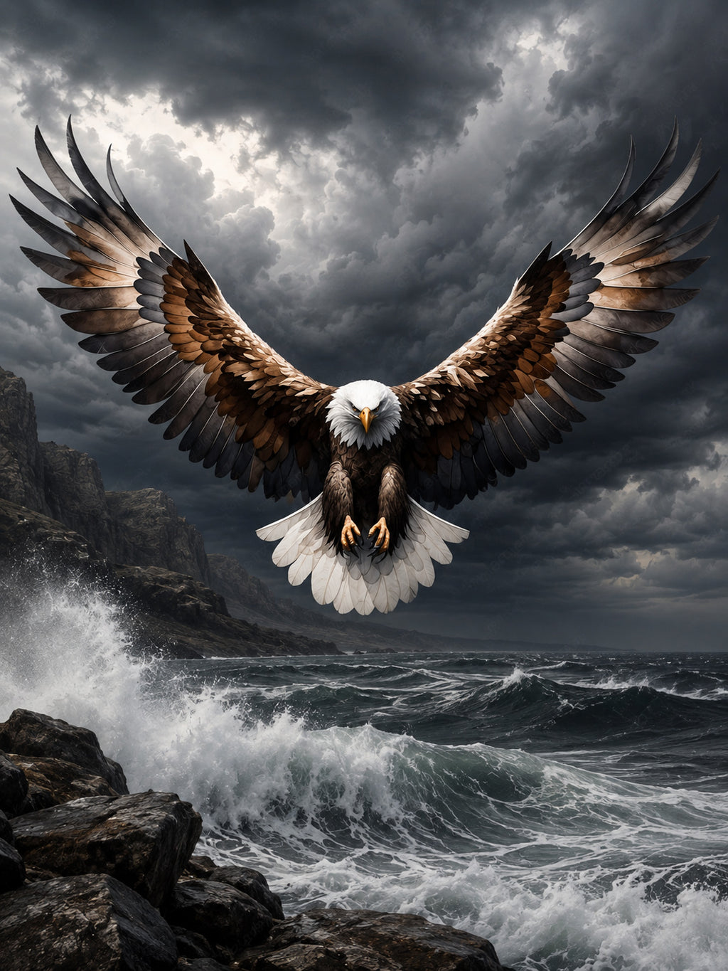 Wandbild Adler Frontalflug Sturmküste Felsen Brandung Kunstdruck auf Leinwand