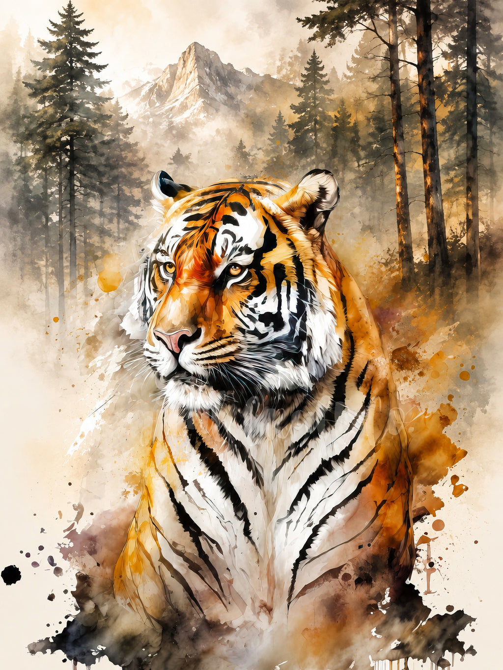 Wandbild Tiger Aquarell Nadelwald Bergkulisse Nr. 1 Kunstdruck auf Leinwand