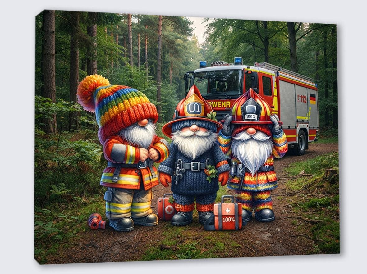 Drei Feuerwehr Wichtel im Waldeinsatz Kunstdruck auf Leinwand Nr. 6