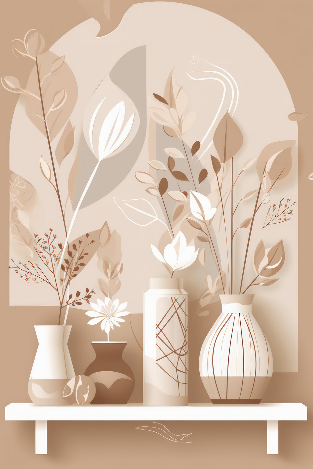 Wandbild Boho Art Vasen Stillleben Trockenblumen Beige Kunstdruck auf Leinwand