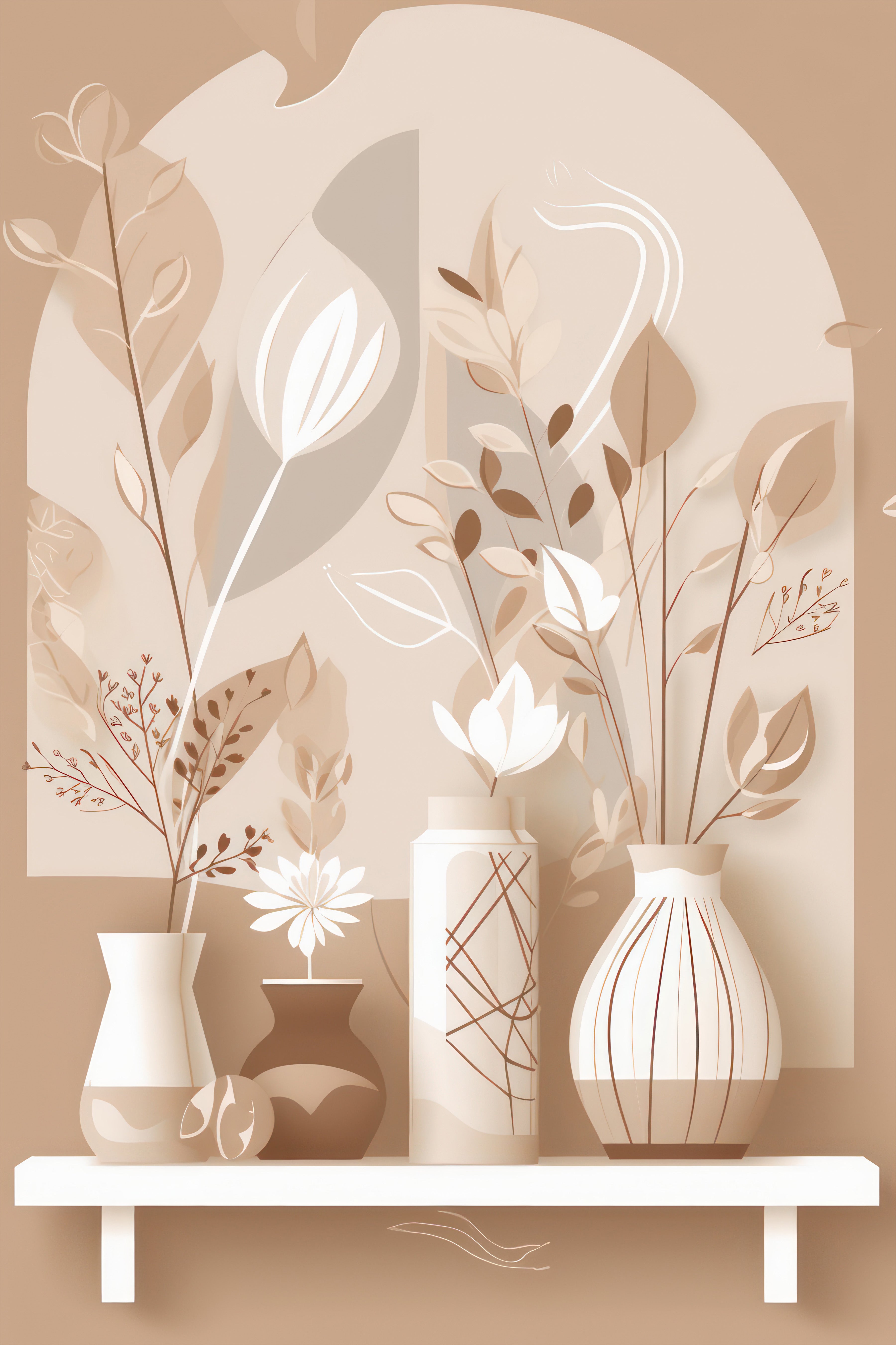Wandbild Boho Art Vasen Stillleben Trockenblumen Beige Kunstdruck auf Leinwand