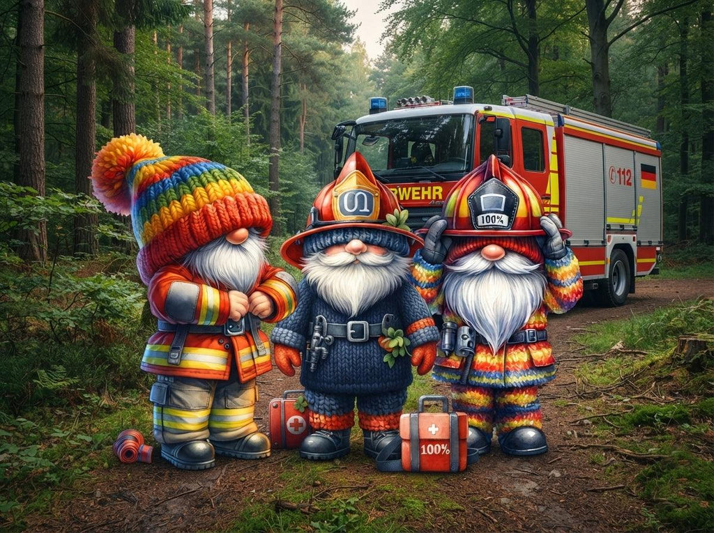 Drei Feuerwehr Wichtel im Waldeinsatz Kunstdruck auf Leinwand Nr. 6