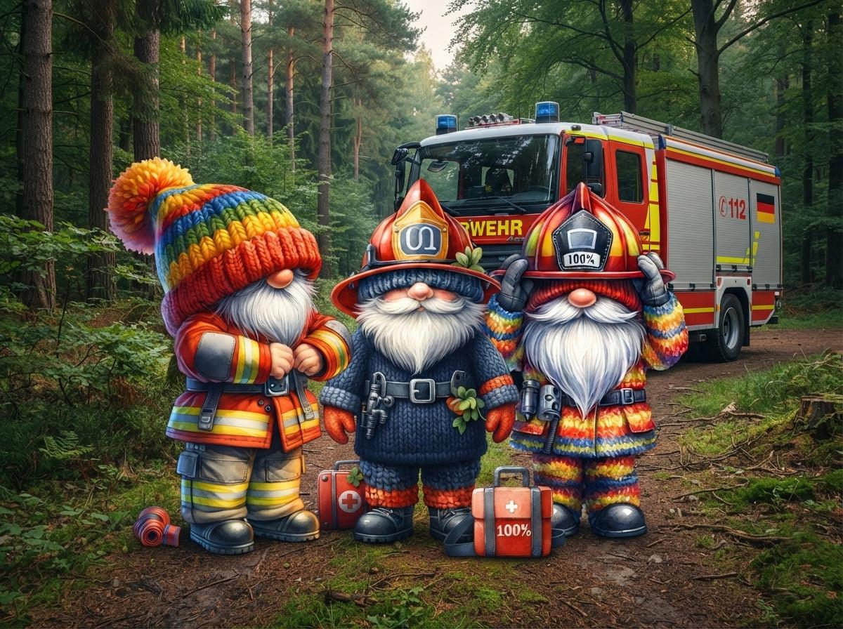 Drei Feuerwehr Wichtel im Waldeinsatz Kunstdruck auf Leinwand Nr. 6