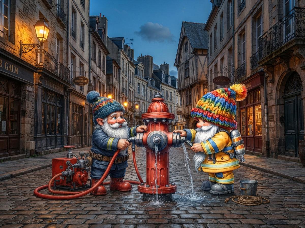 Feuerwehr Wichtel am Hydranten in der Altstadt Kunstdruck auf Leinwand