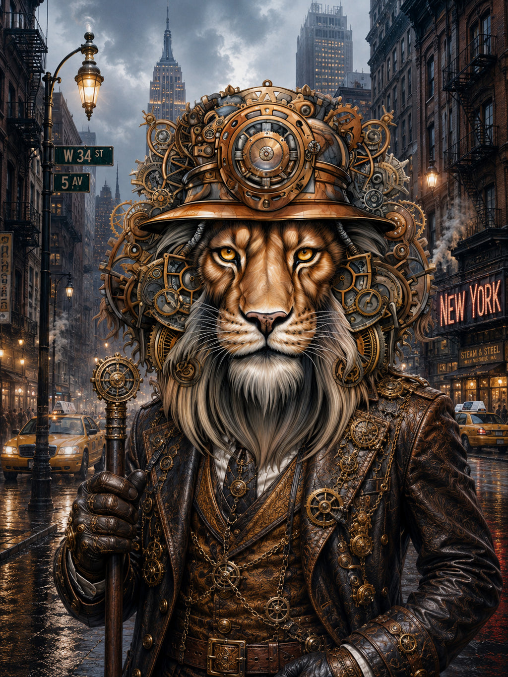 Wandbild Löwen Steampunk New York Kunstdruck auf Leinwand