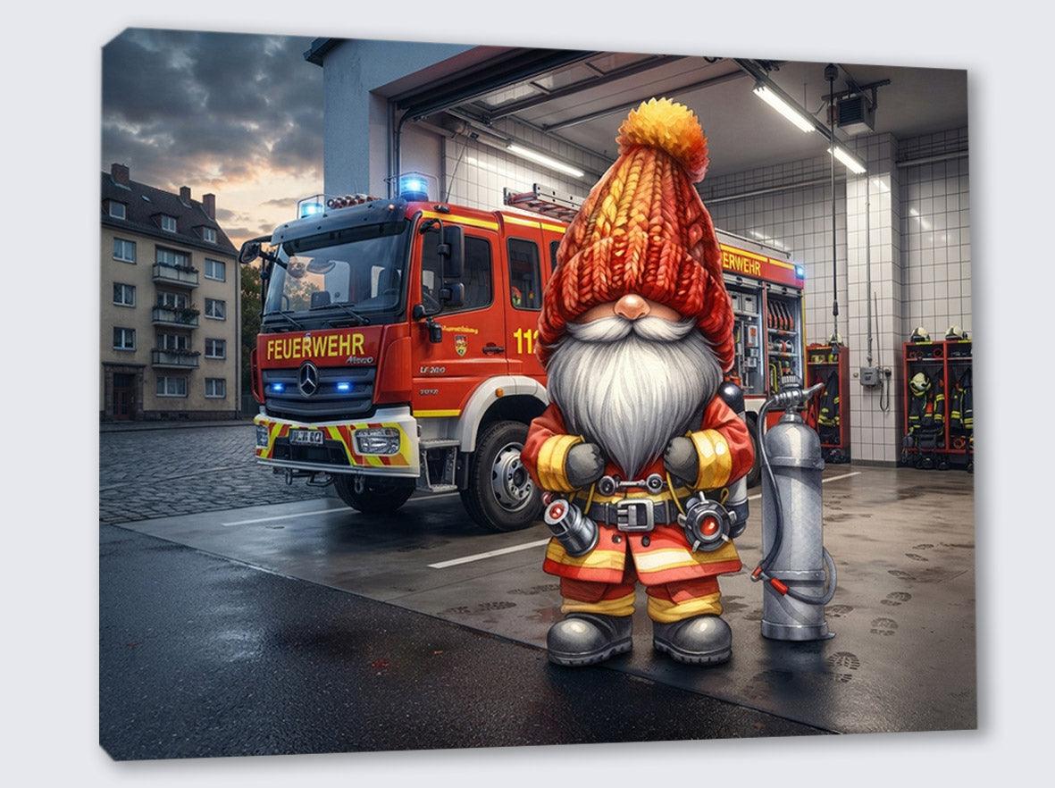 Feuerwehr Wichtel vor dem Feuerwehrauto beim Ausrücken Kunstdruck auf Leinwand