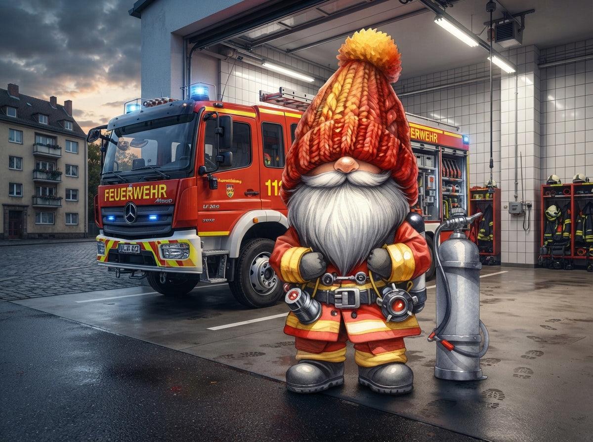 Feuerwehr Wichtel vor dem Feuerwehrauto beim Ausrücken Kunstdruck auf Leinwand