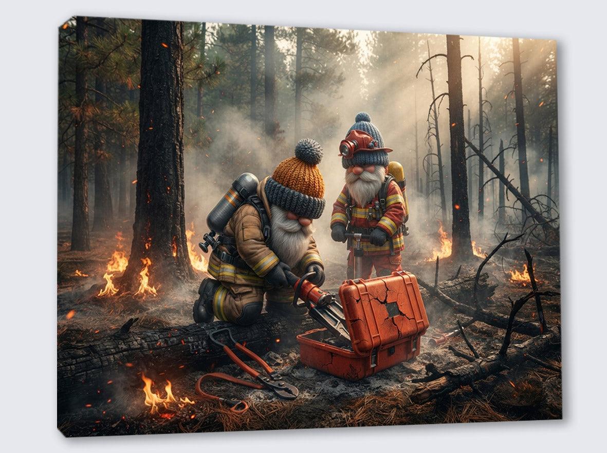 Feuerwehr Wichtel nach dem Waldbrand Kunstdruck auf Leinwand