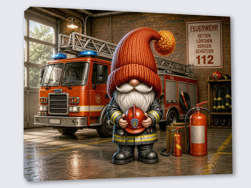 Feuerwehr Wichtel mit Helm in der Feuerwache Kunstdruck auf Leinwand