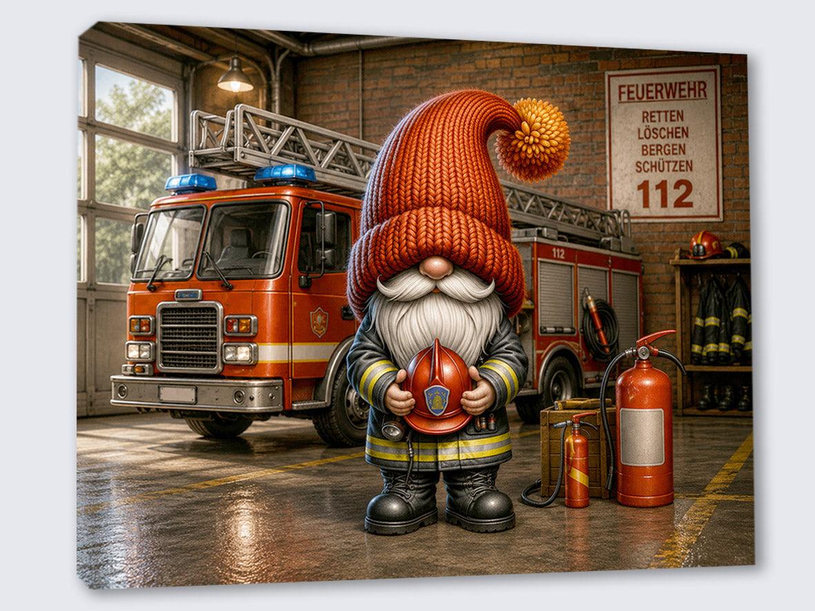 Feuerwehr Wichtel mit Helm in der Feuerwache Kunstdruck auf Leinwand