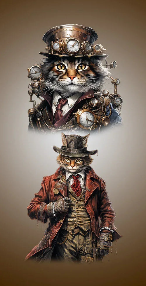 2 Steampunkkatzen Wandbild Kunstdruck auf Leinwand direkt zum Aufhängen | Wandbild Galerie