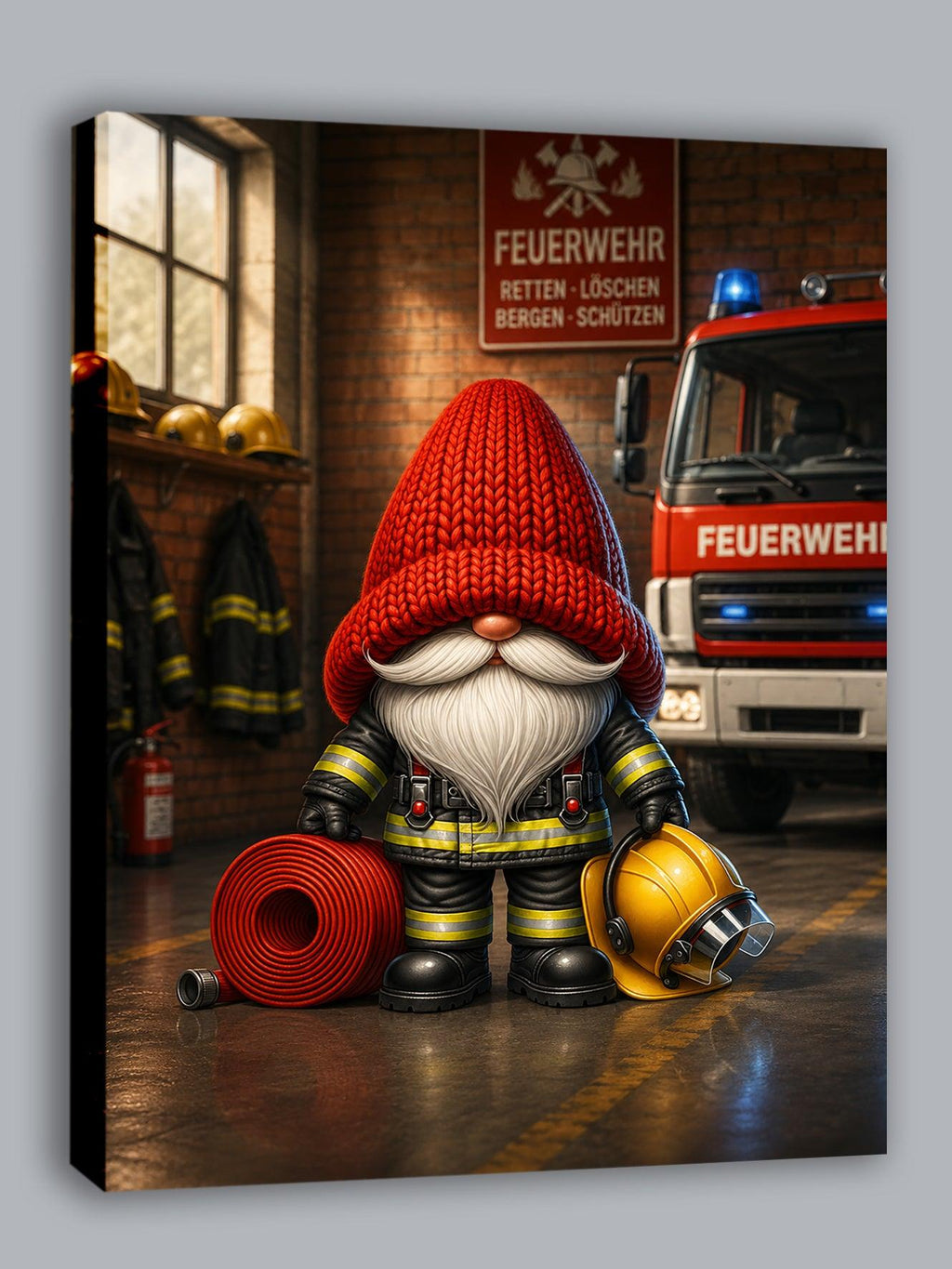 Feuerwehr Wichtel mit Schlauch und Helm Kunstdruck auf Leinwand