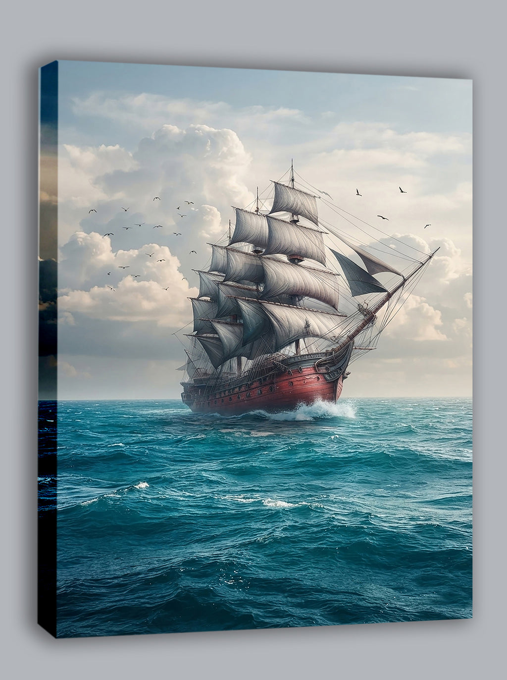 Wandbild Segelschiff Antik Roter Rumpf Volle Segel Möwen Kunstdruck auf Leinwand