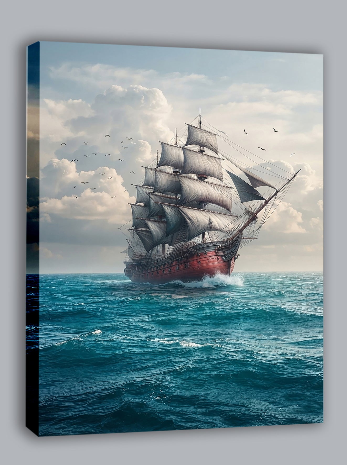 Wandbild Segelschiff Antik Roter Rumpf Volle Segel Möwen Kunstdruck auf Leinwand