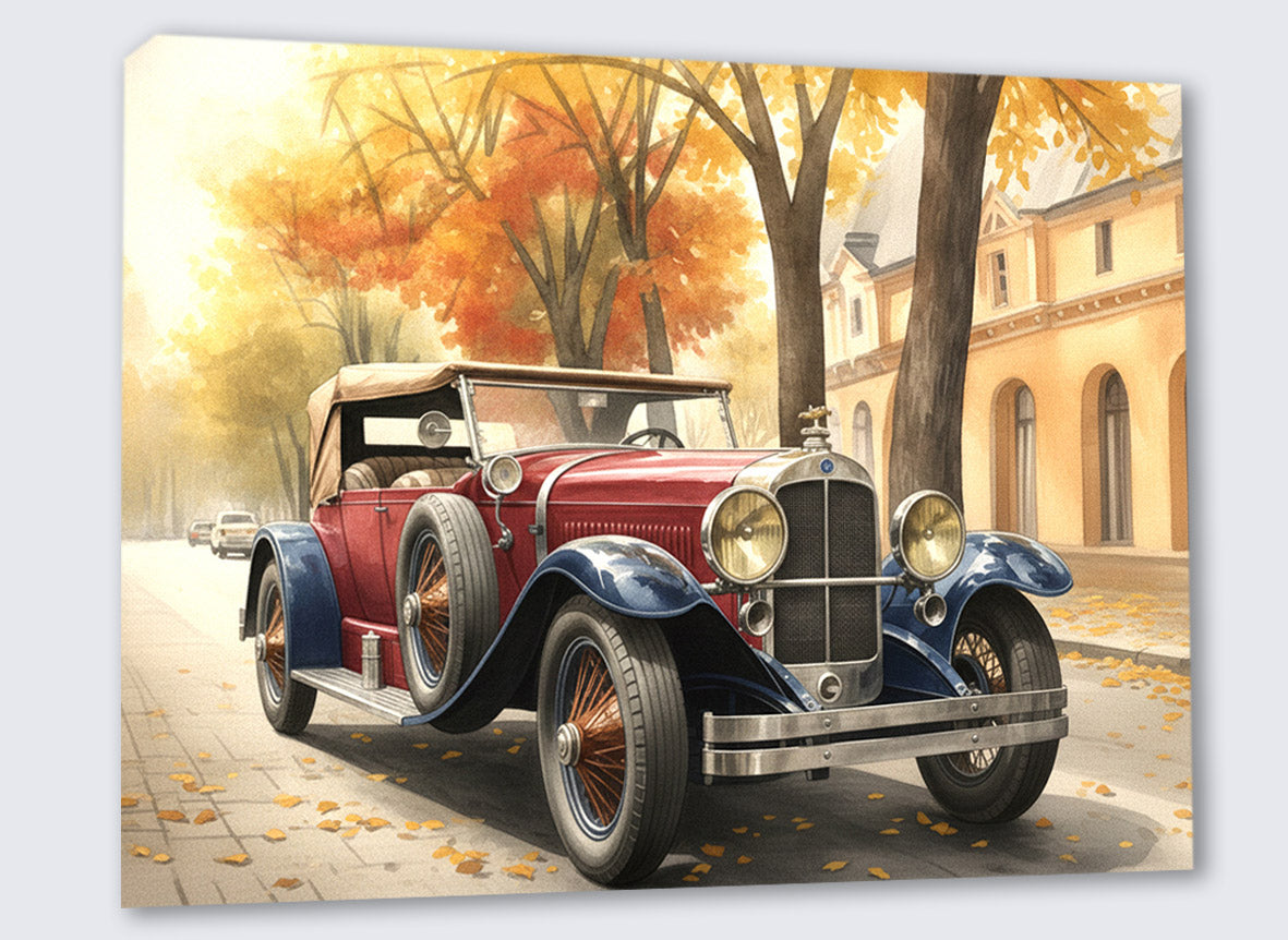 Wandbild Oldtimer Roter Cabriolet Zweifarbig Aquarell Herbstallee Kunstdruck auf Leinwand