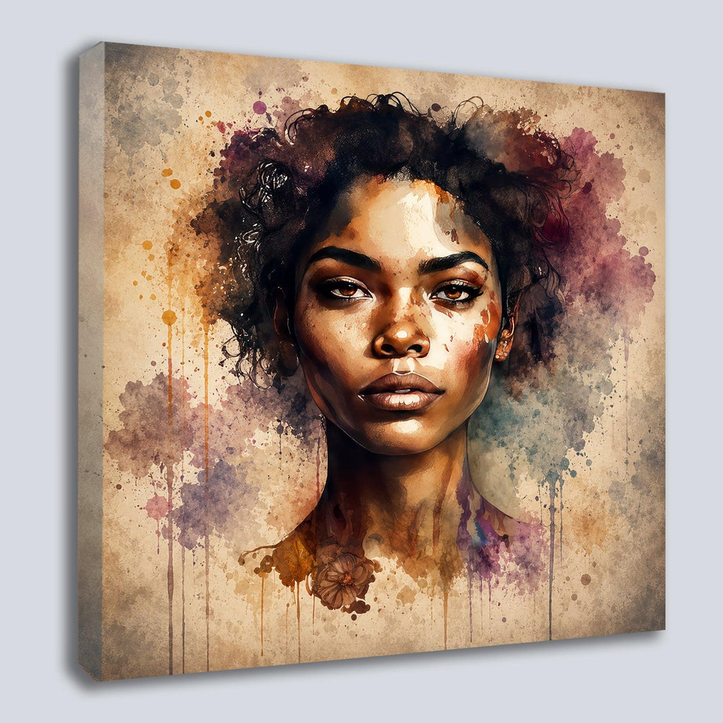 Afrikanerin Nr. 2 – Portrait mit Locken Aquarell Kunstdruck auf Leinwand