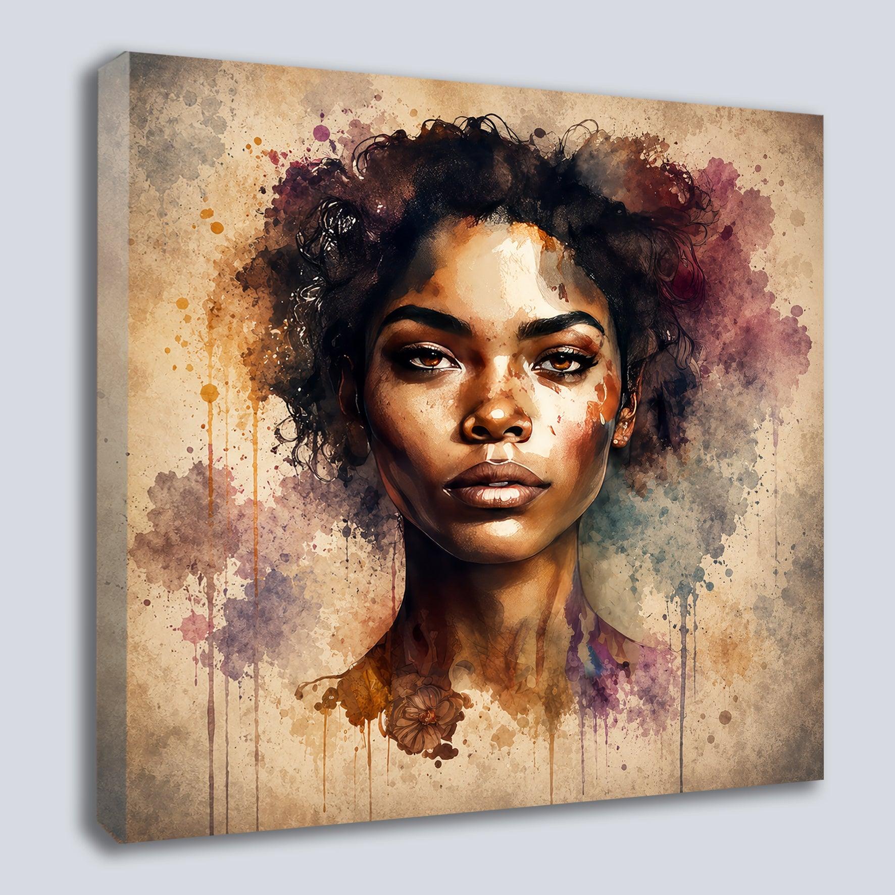Afrikanerin Nr. 2 – Portrait mit Locken Aquarell Kunstdruck auf Leinwand
