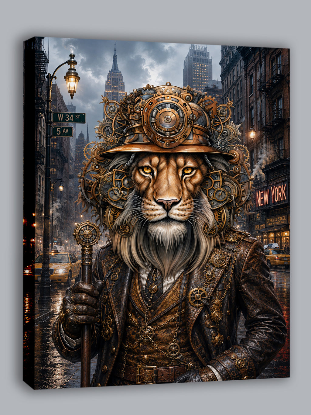 Wandbild Löwen Steampunk New York Kunstdruck auf Leinwand