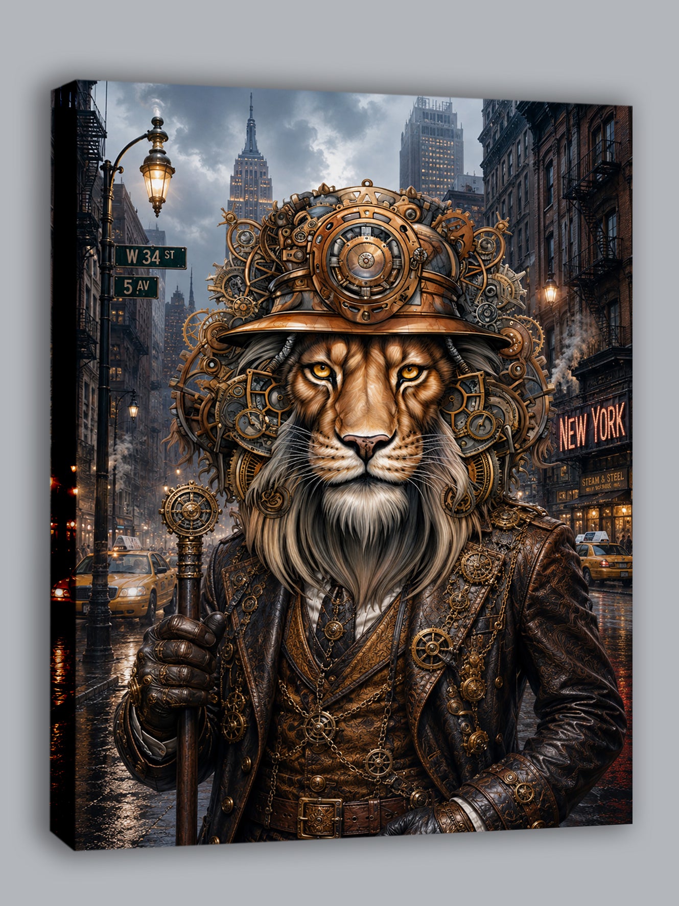 Wandbild Löwen Steampunk New York Kunstdruck auf Leinwand