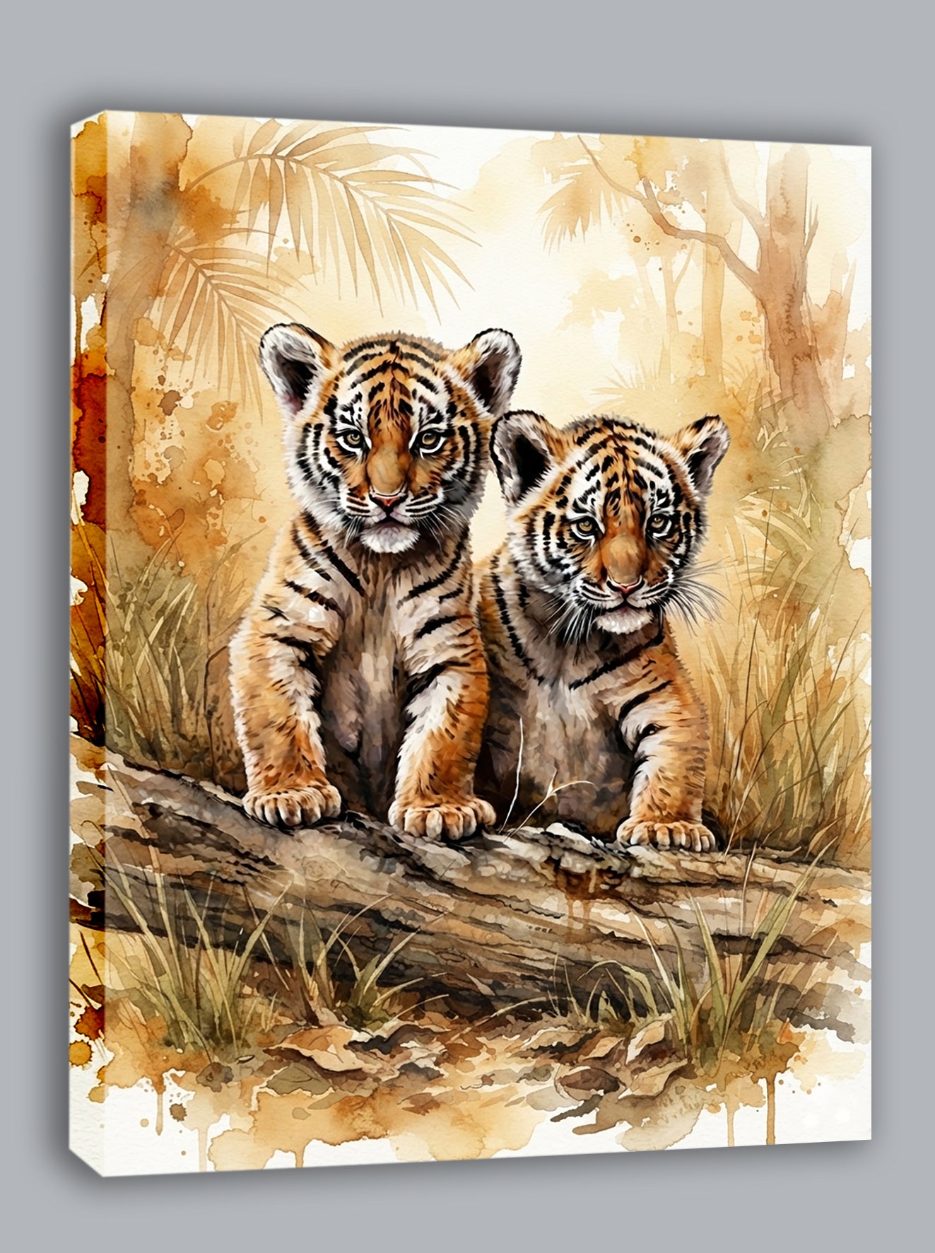 Wandbild Tiger Zwei Junge Baumstamm Aquarell Kunstdruck auf Leinwand