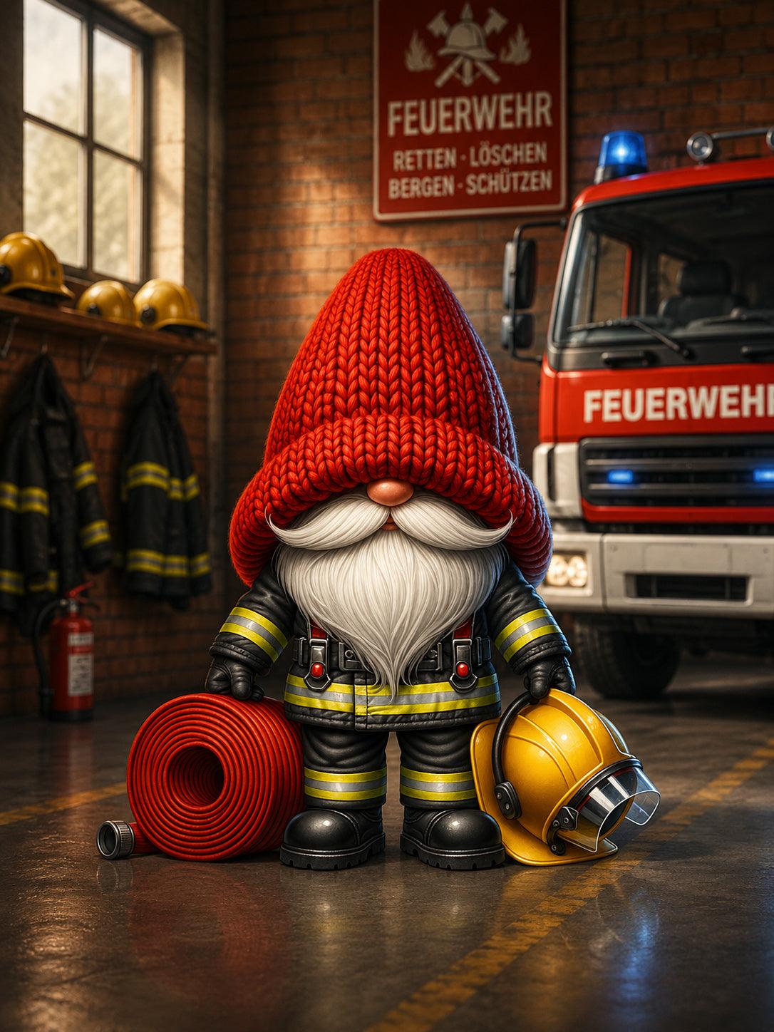 Feuerwehr Wichtel mit Schlauch und Helm Kunstdruck auf Leinwand