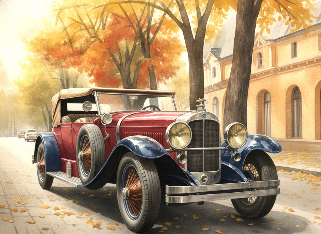 Wandbild Oldtimer Roter Cabriolet Zweifarbig Aquarell Herbstallee Kunstdruck auf Leinwand