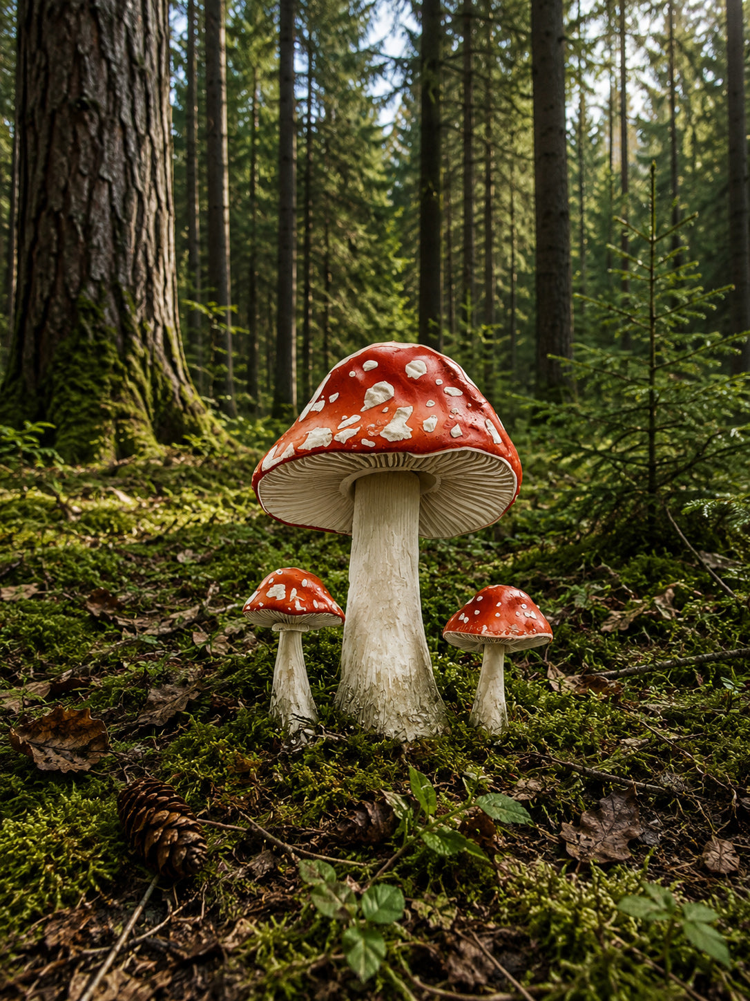 Wandbild Waldpilz Drei Fliegenpilze Moosiger Waldboden Nadelwald Kunstdruck auf Leinwand
