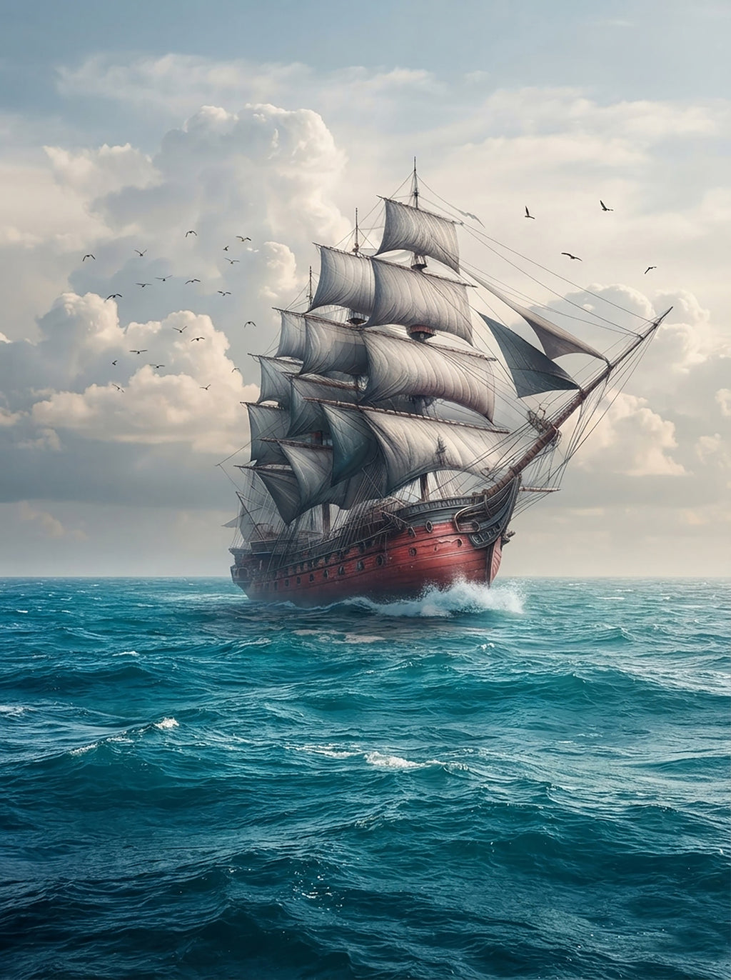 Wandbild Segelschiff Antik Roter Rumpf Volle Segel Möwen Kunstdruck auf Leinwand