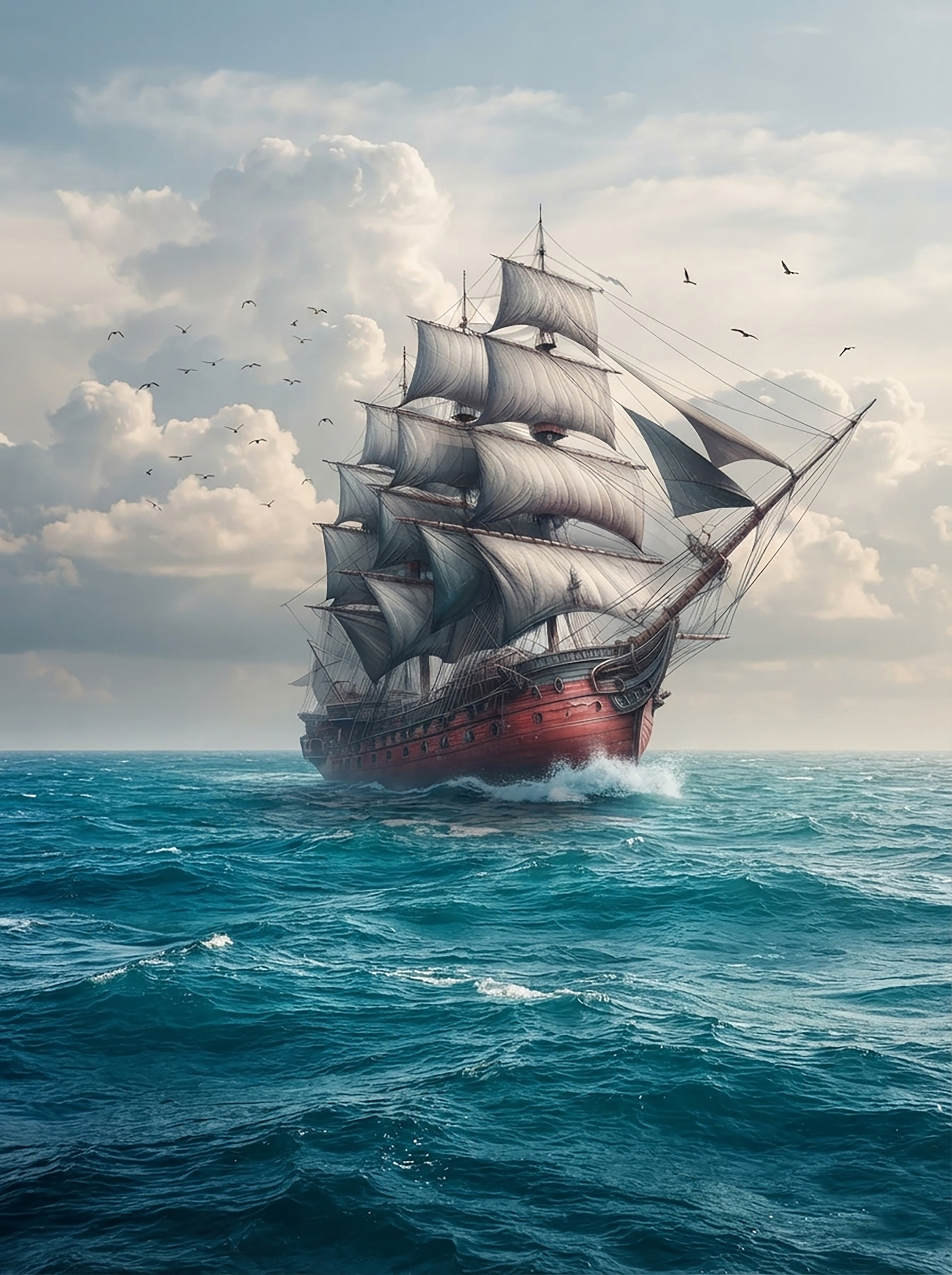Wandbild Segelschiff Antik Roter Rumpf Volle Segel Möwen Kunstdruck auf Leinwand