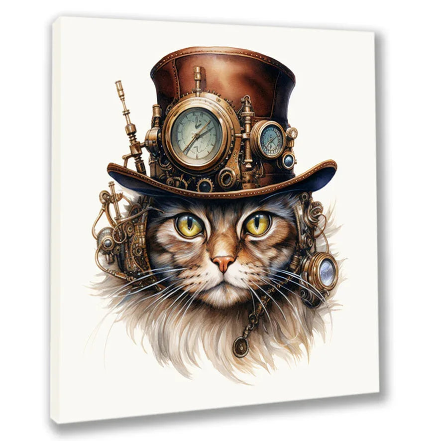 Wandbild Katzenkopf 2 Steampunk Kunstdruck auf Leinwand direkt zum Aufhängen | Wandbild Galerie
