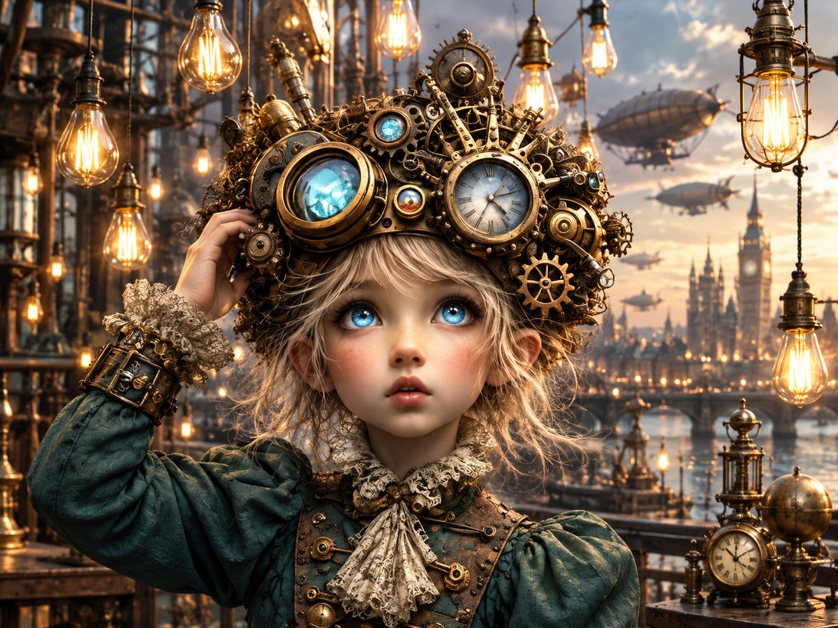 Kleine Steampunk-Erfinderin – Fantasie Wandbild fürs Kinderzimmer