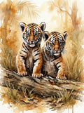 Aquarell Wandbild zwei Tigerjungen auf Baumstamm im Dschungel