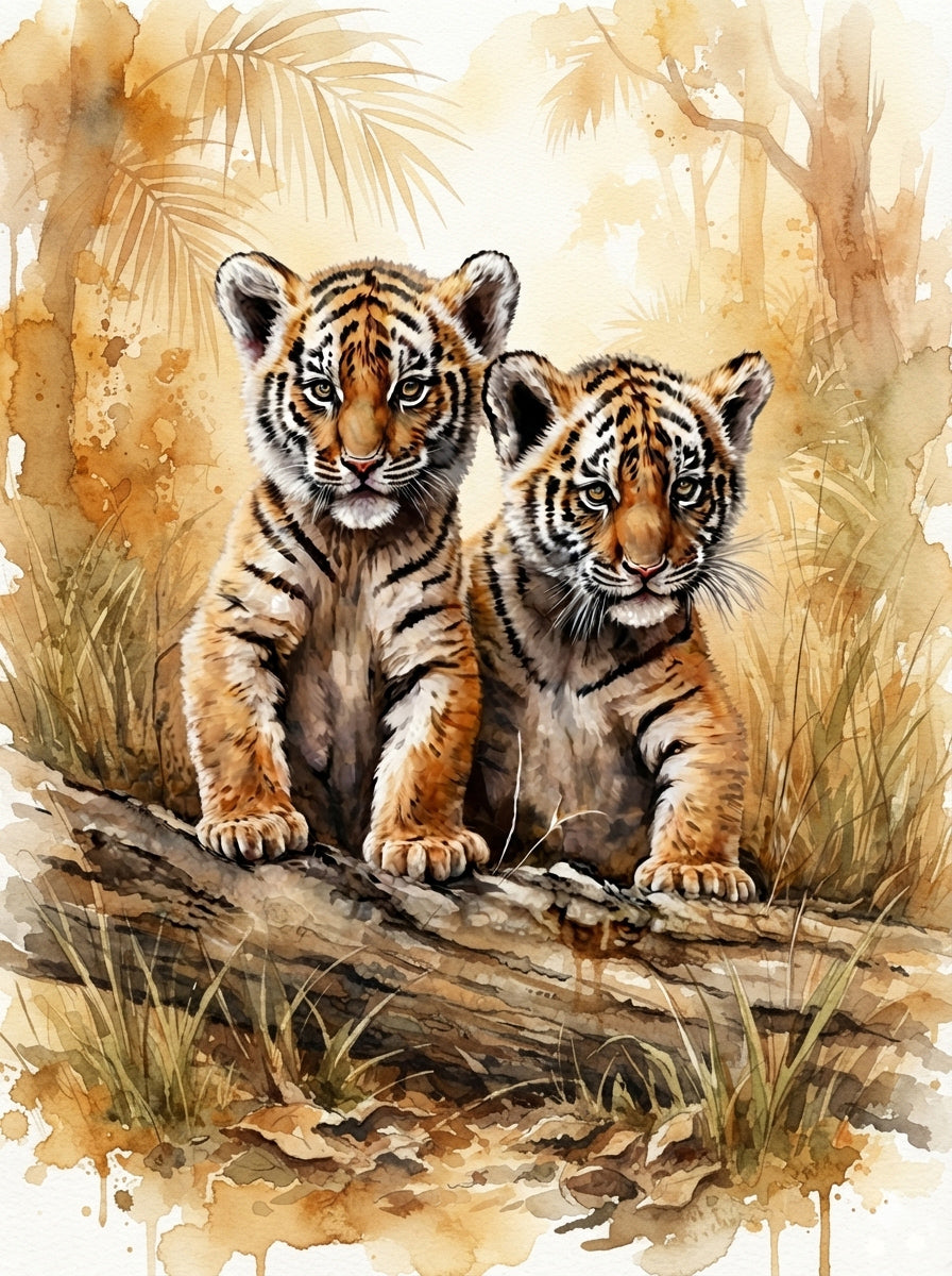 Aquarell Wandbild zwei Tigerjungen auf Baumstamm im Dschungel
