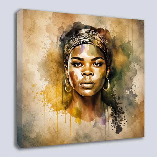 Afrikanerin Nr. 3 – Portrait mit Kopftuch Aquarell Kunstdruck auf Leinwand