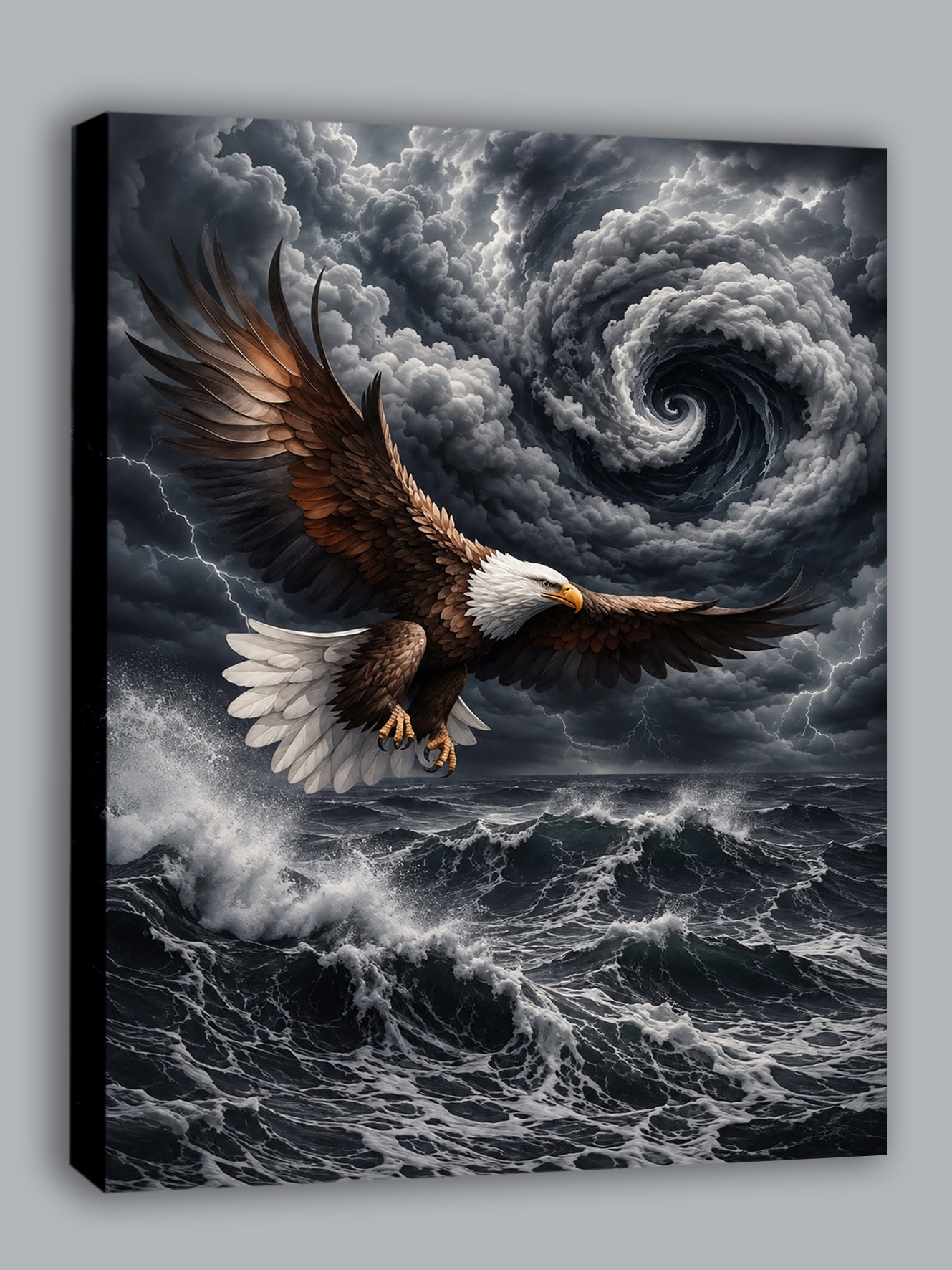 Wandbild Adler Seitenflug Wirbelsturm Blitze Hochsee Brandung Kunstdruck auf Leinwand