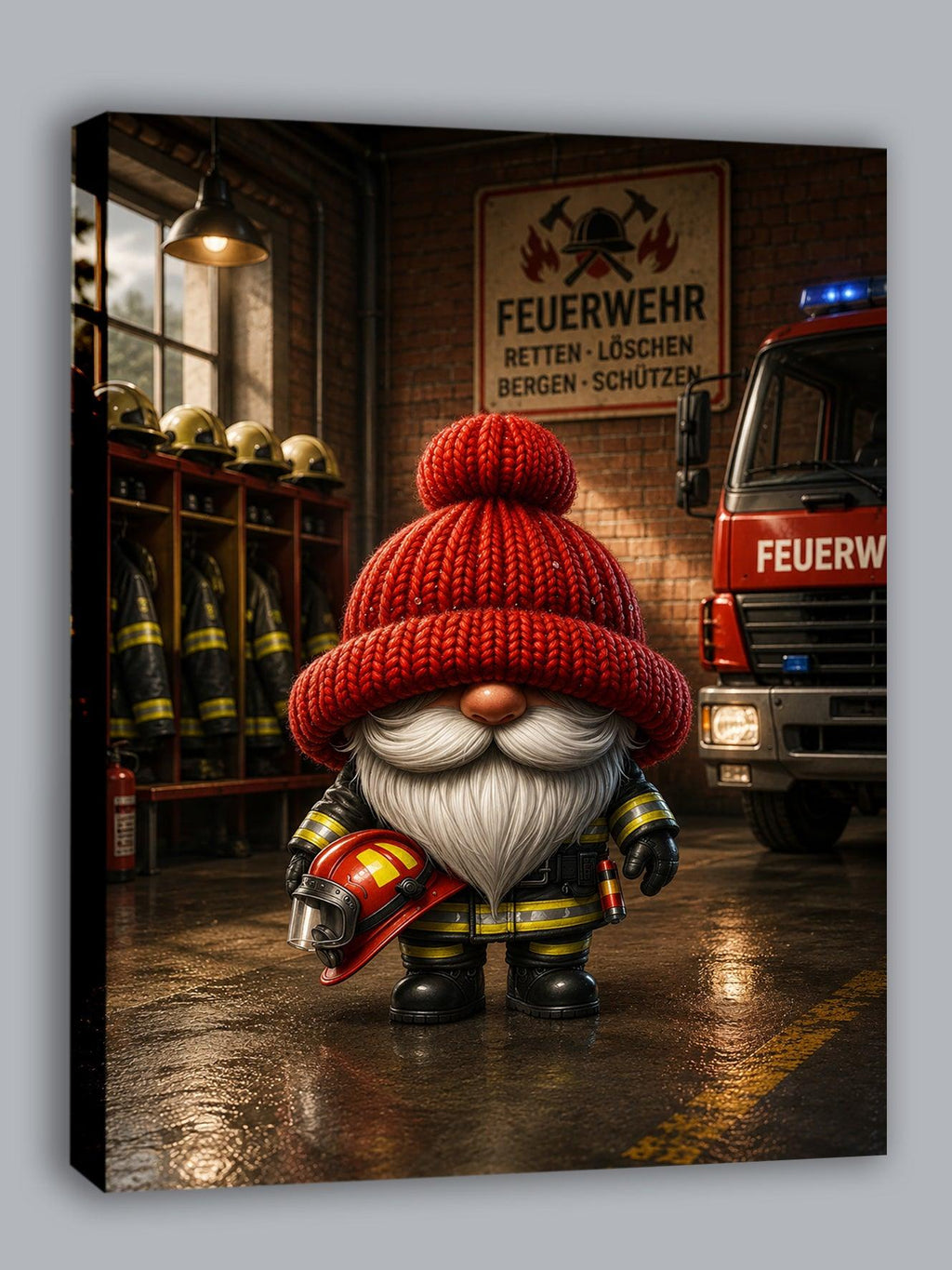 Feuerwehr Wichtel mit rotem Helm Kunstdruck auf Leinwand