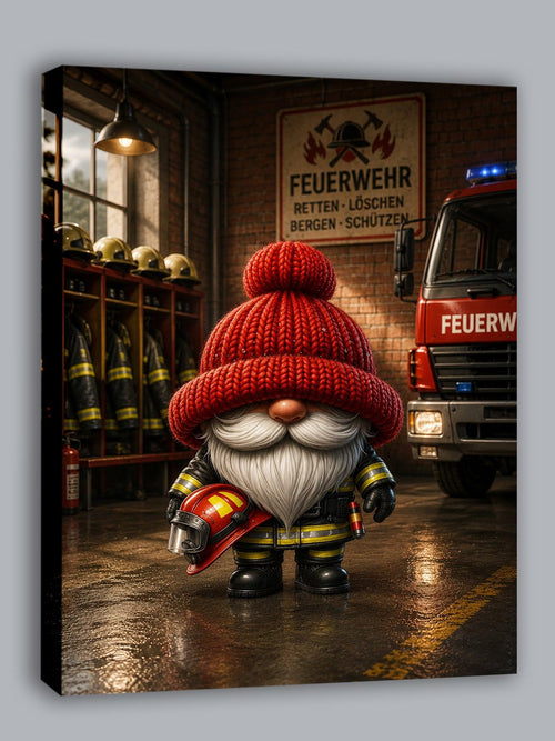Feuerwehr Wichtel mit rotem Helm Kunstdruck auf Leinwand