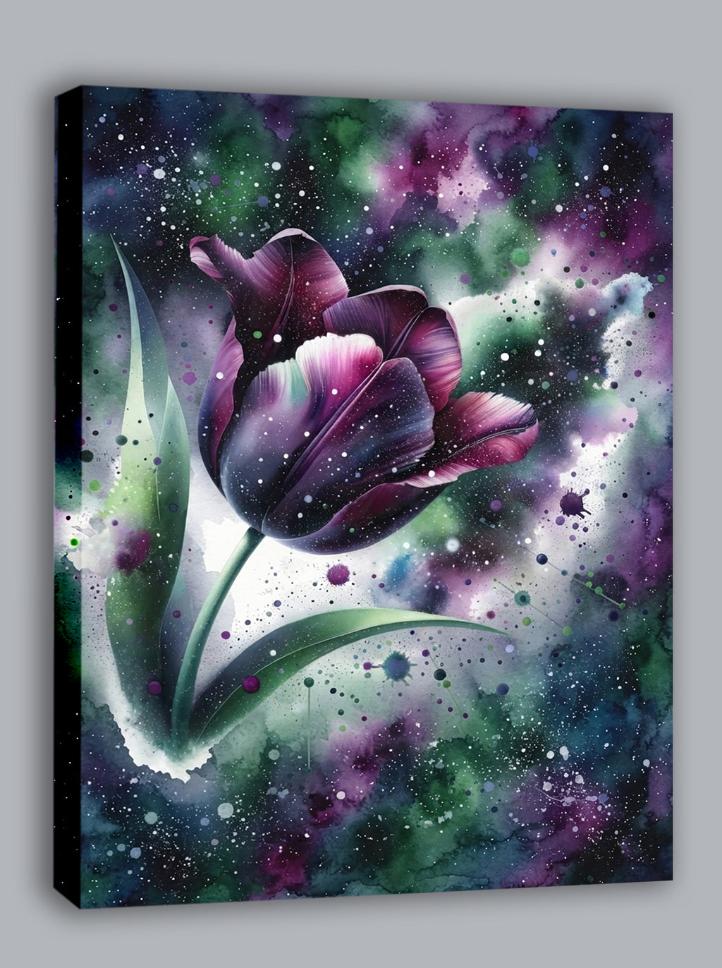 Wandbild Tulpe Aquarell Dunkelviolett Galaxie Grün Sternennebel Kunstdruck auf Leinwand