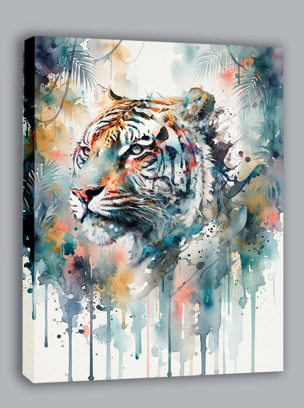 Wandbild Tiger Weißer Tiger Aquarell Farbspritzer Dschungel Kunstdruck auf Leinwand