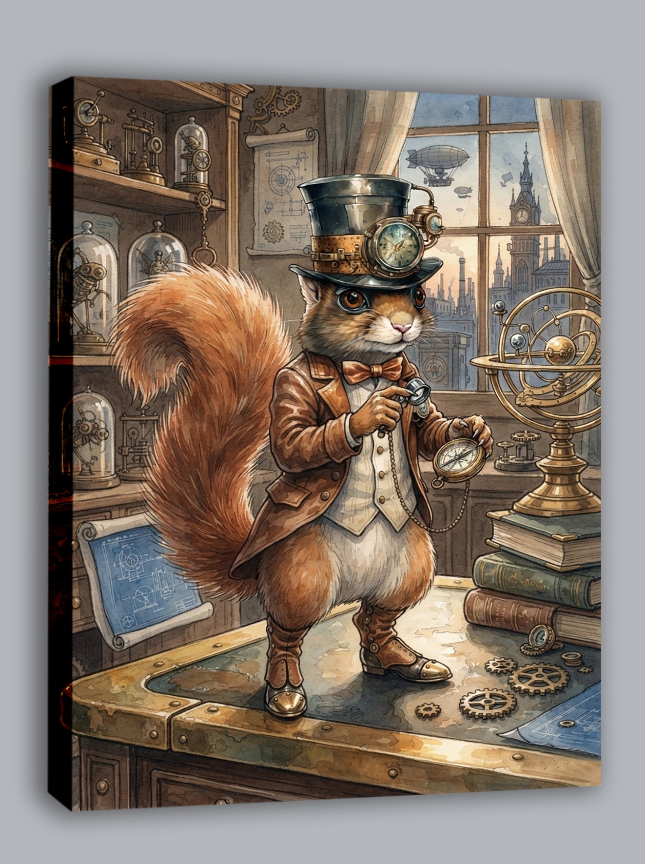Wandbild Eichhörnchen Steampunk Entdecker Taschenuhr London Kunstdruck auf Leinwand