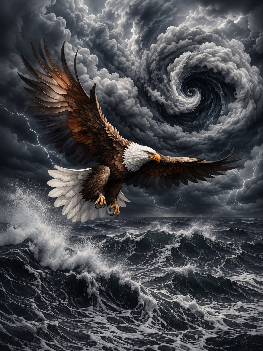 Wandbild Adler Seitenflug Wirbelsturm Blitze Hochsee Brandung Kunstdruck auf Leinwand