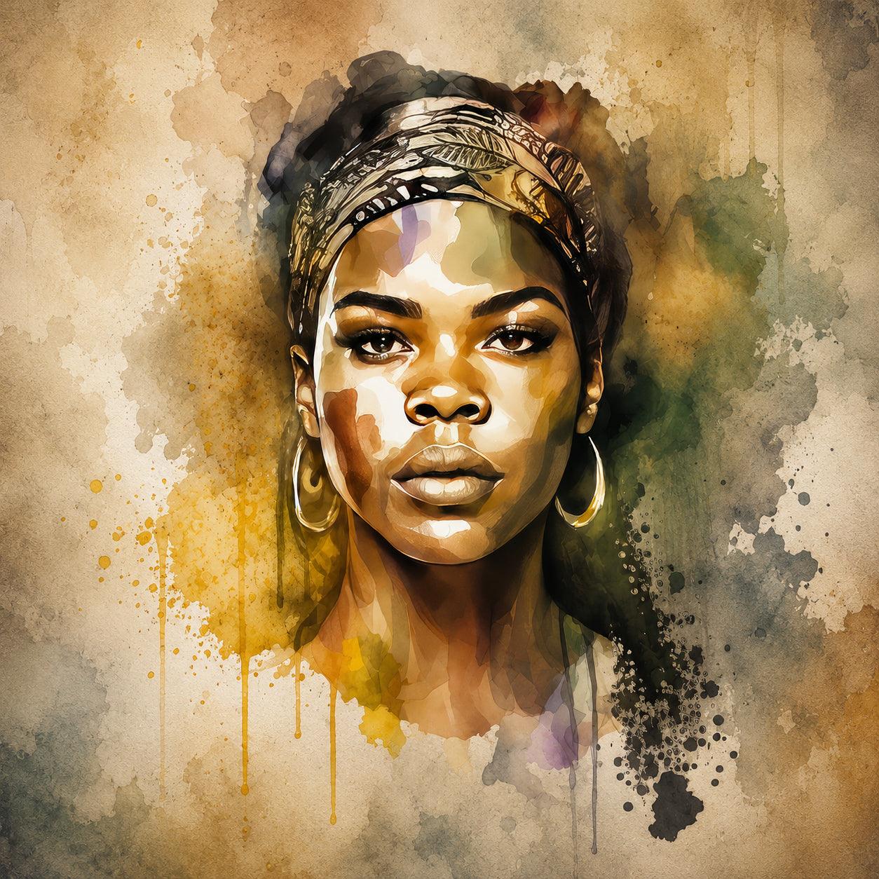Afrikanerin Nr. 3 – Portrait mit Kopftuch Aquarell Kunstdruck auf Leinwand