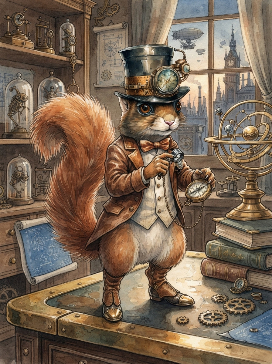 Wandbild Eichhörnchen Steampunk Entdecker Taschenuhr London Kunstdruck auf Leinwand